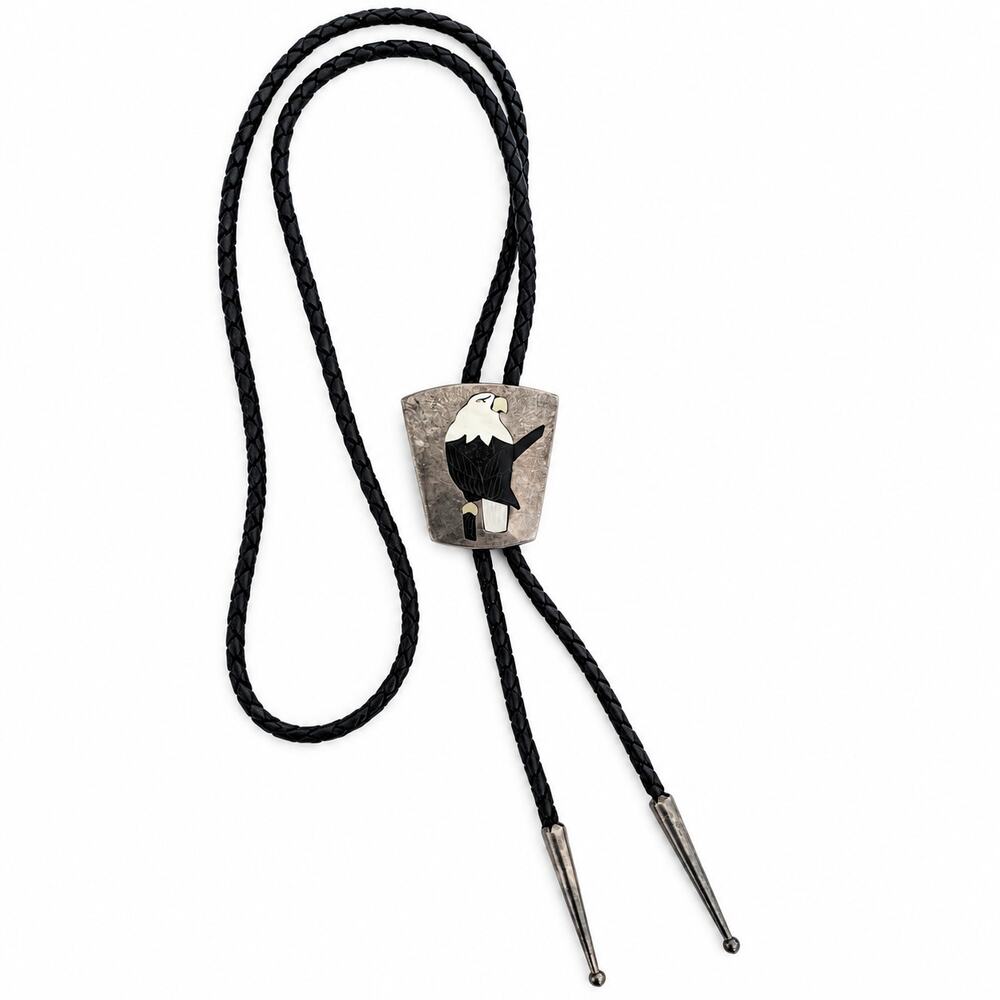 Nichelle Edaakie Zuni Inlay Eagle Bird Bolo Tie Necklace Sterling Silver Western